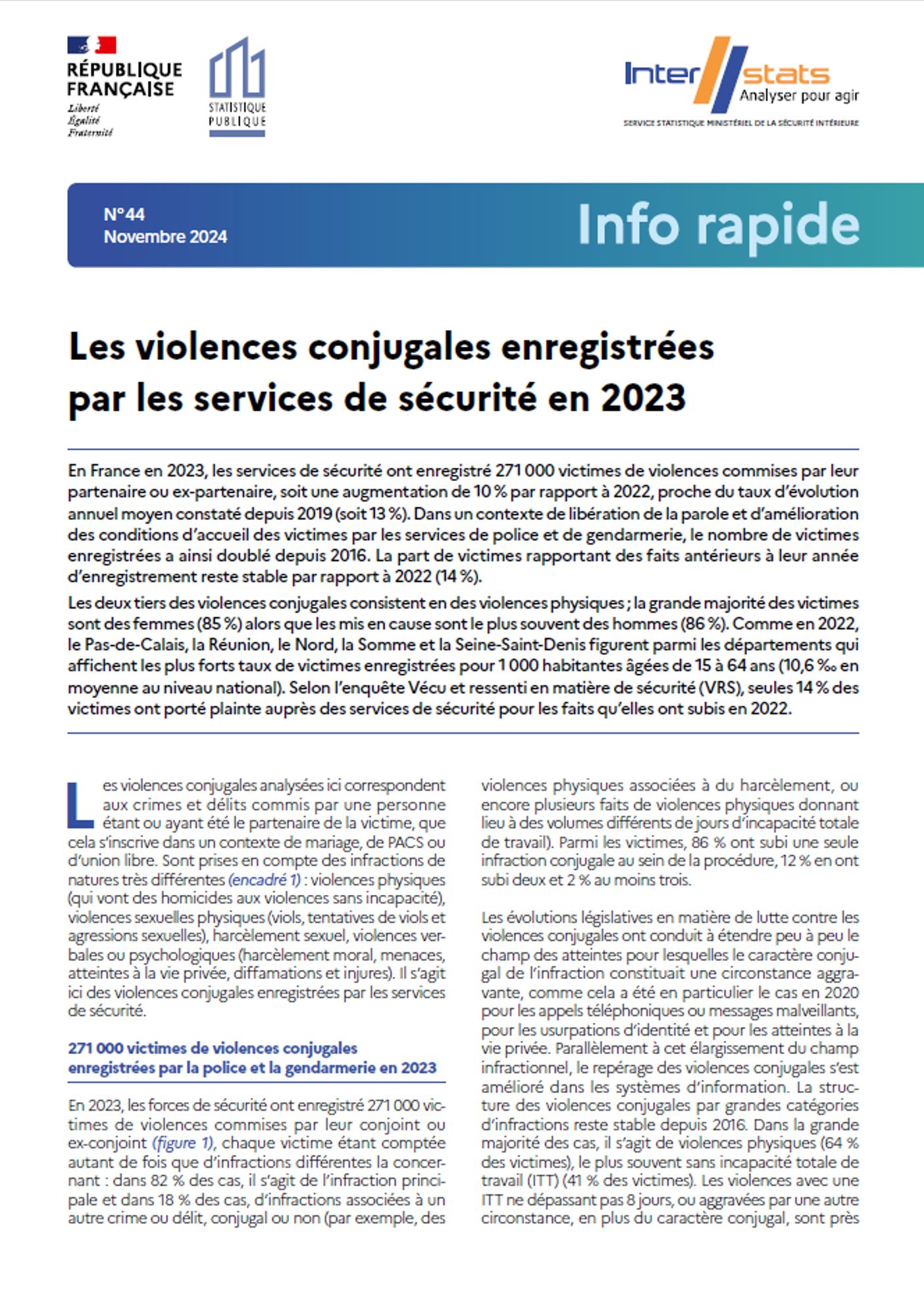 Info rapide n°44 - Les violences conjugales enregistrées par les services de sécurité en 2023