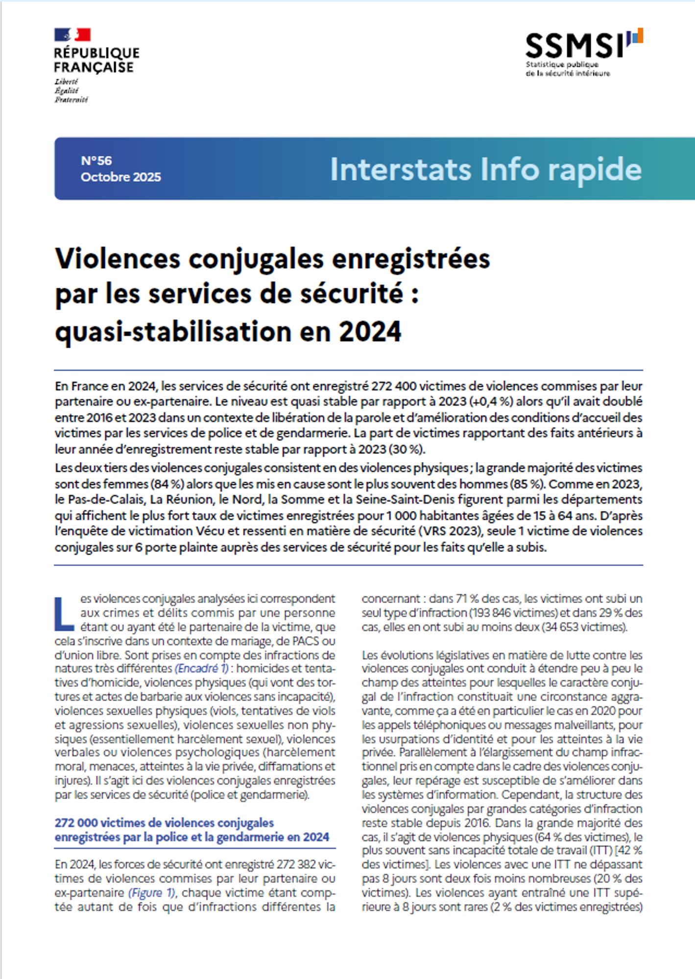 Interstats Info rapide n°56 - Les violences conjugales enregistrées par les services de sécurité en 2024