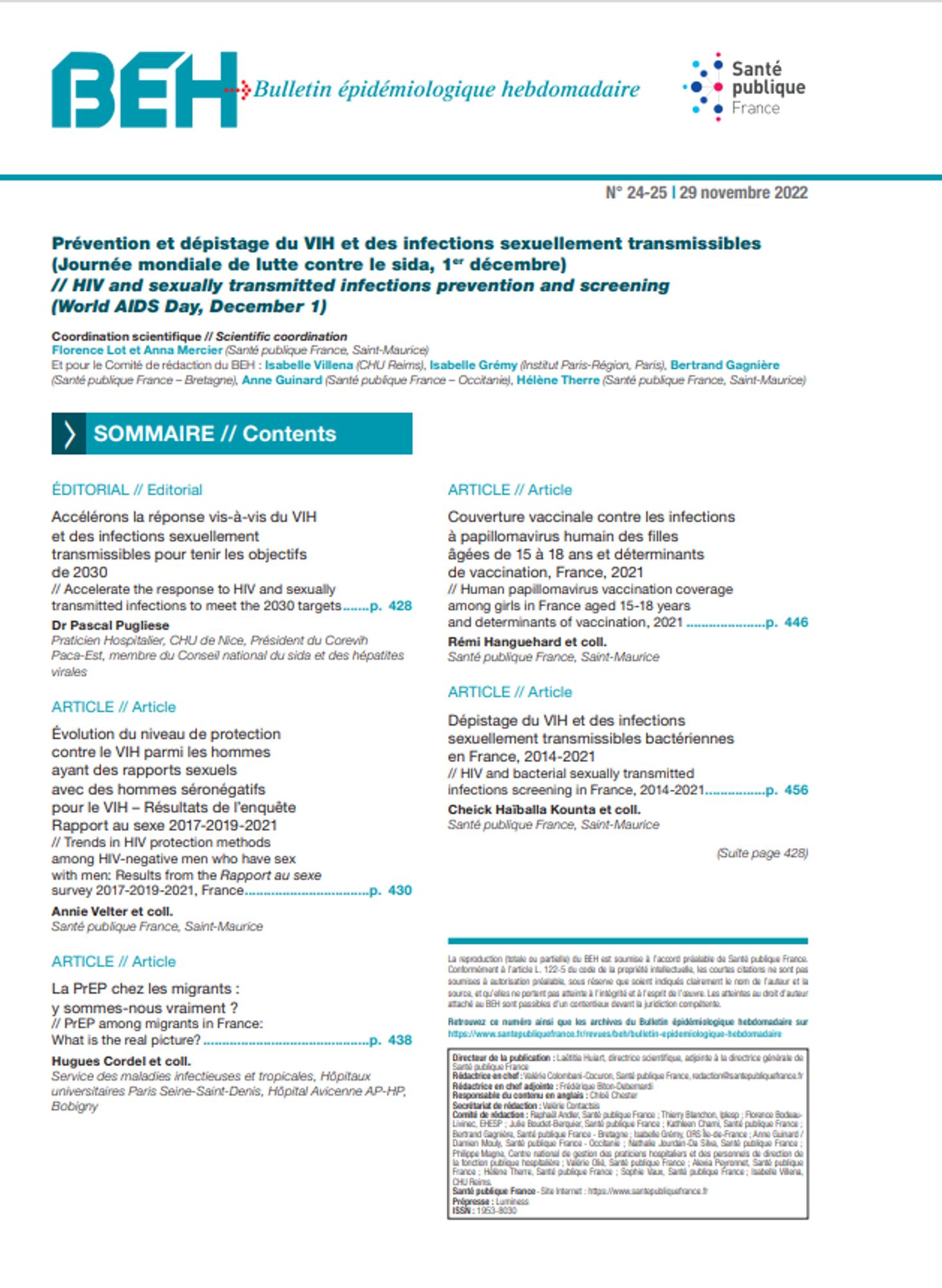 BEH n°24-25 novembre 2022: Prévention et dépistage du VIH et des infections sexuellement transmissibles (Journée mondiale de lutte contre le sida, 1er décembre)