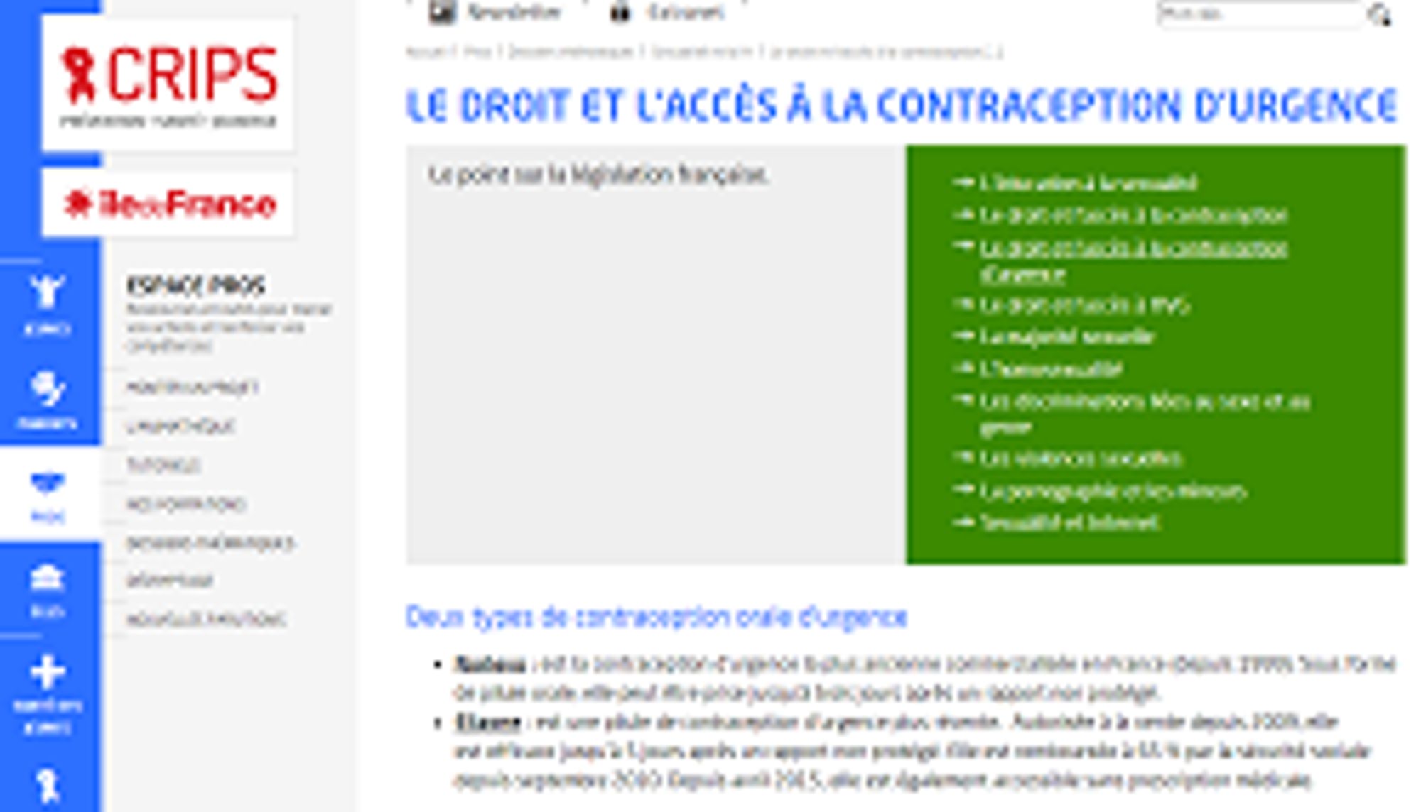 Le droit et l'accès à la contraception d'urgence. Le point sur la législation française (dossier) - Crips Ile-de-France - 2018